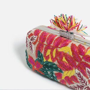 Zara Tropical Rafia Clutch with Silver Strap